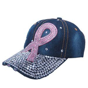 Bling Rhinestone PINK RIBBON Breast Cancer Awareness Blue Denim Baseball Cap NEW